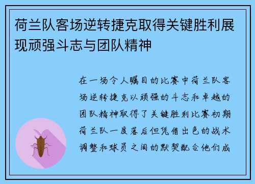 荷兰队客场逆转捷克取得关键胜利展现顽强斗志与团队精神
