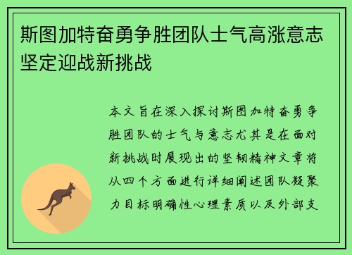 斯图加特奋勇争胜团队士气高涨意志坚定迎战新挑战