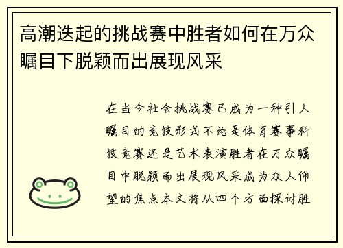 高潮迭起的挑战赛中胜者如何在万众瞩目下脱颖而出展现风采