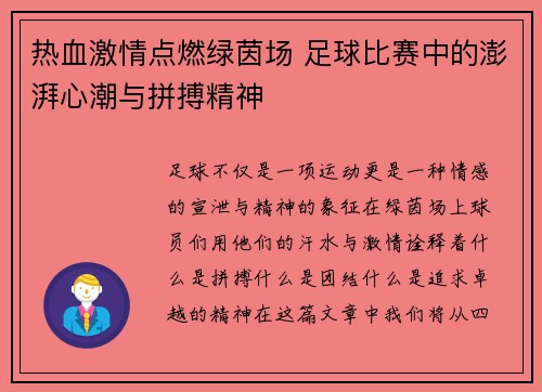 热血激情点燃绿茵场 足球比赛中的澎湃心潮与拼搏精神
