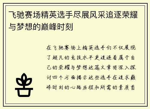 飞驰赛场精英选手尽展风采追逐荣耀与梦想的巅峰时刻