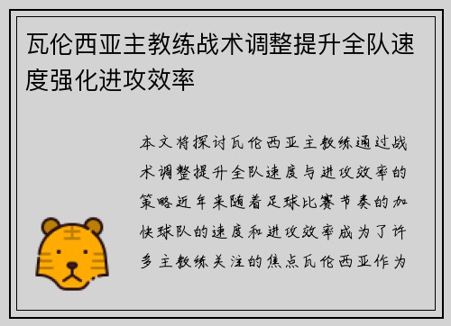 瓦伦西亚主教练战术调整提升全队速度强化进攻效率