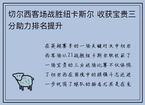 切尔西客场战胜纽卡斯尔 收获宝贵三分助力排名提升