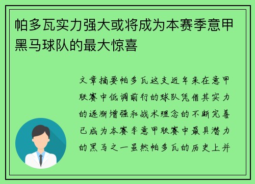 帕多瓦实力强大或将成为本赛季意甲黑马球队的最大惊喜