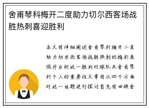舍甫琴科梅开二度助力切尔西客场战胜热刺喜迎胜利
