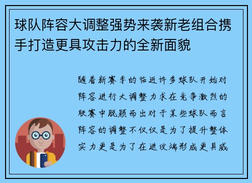 球队阵容大调整强势来袭新老组合携手打造更具攻击力的全新面貌