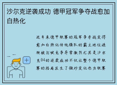 沙尔克逆袭成功 德甲冠军争夺战愈加白热化