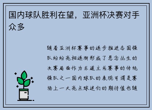 国内球队胜利在望，亚洲杯决赛对手众多
