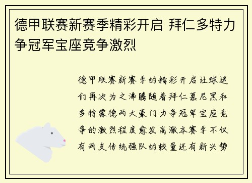 德甲联赛新赛季精彩开启 拜仁多特力争冠军宝座竞争激烈