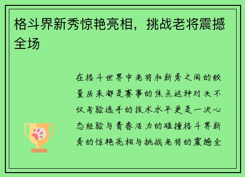 格斗界新秀惊艳亮相，挑战老将震撼全场